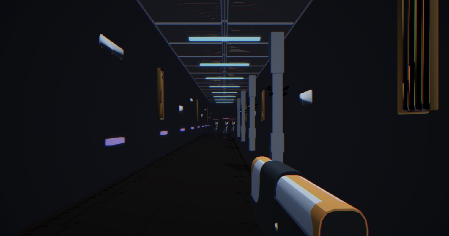 A first-person view down a dark sci-fi corridor lit by cyan ceiling strips, with a rifle held at the bottom of frame and soldiers at the far end.