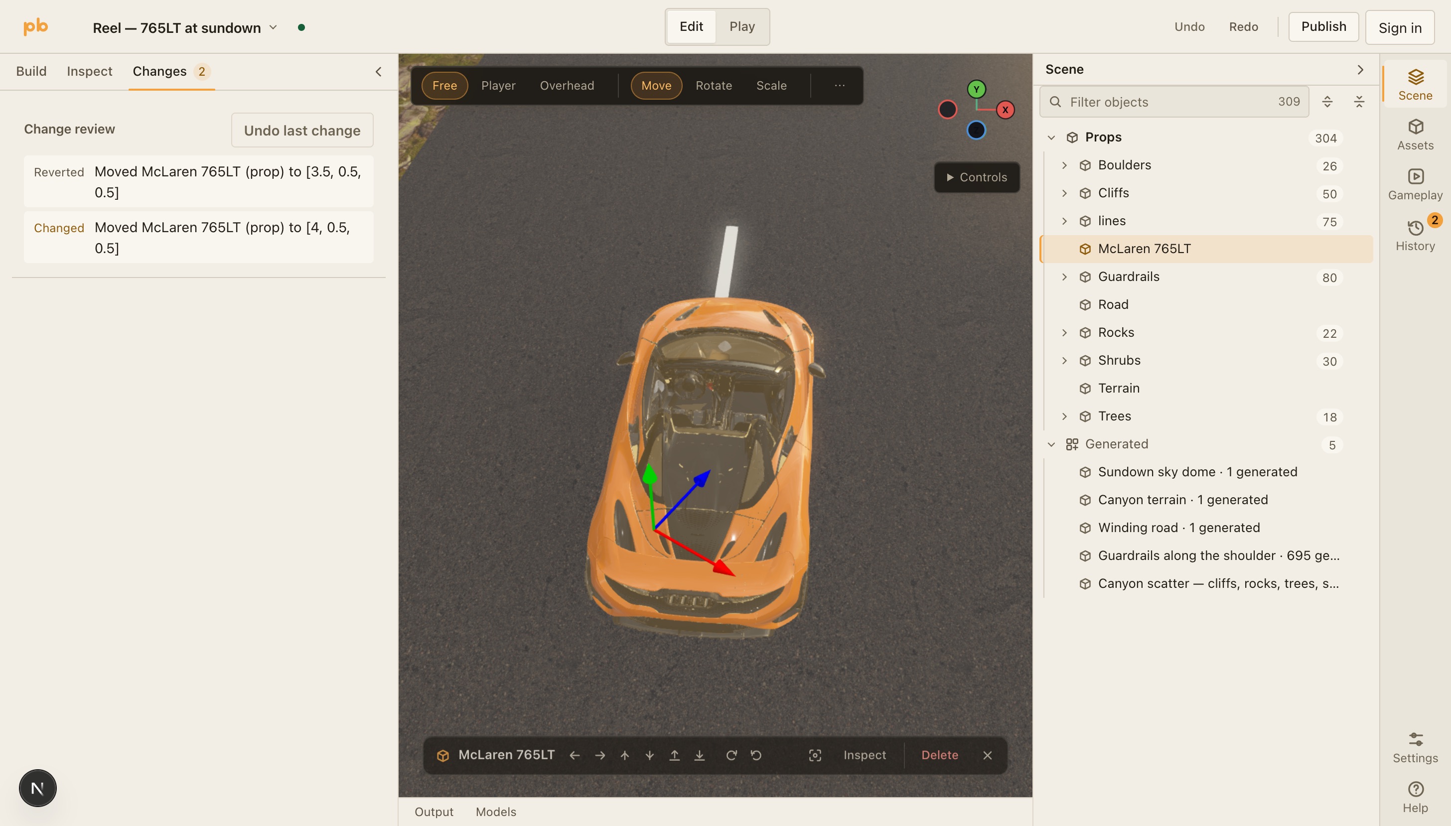The editor’s change review panel listing a move of the entity “McLaren 765LT” and, directly above it, the same move reverted.
