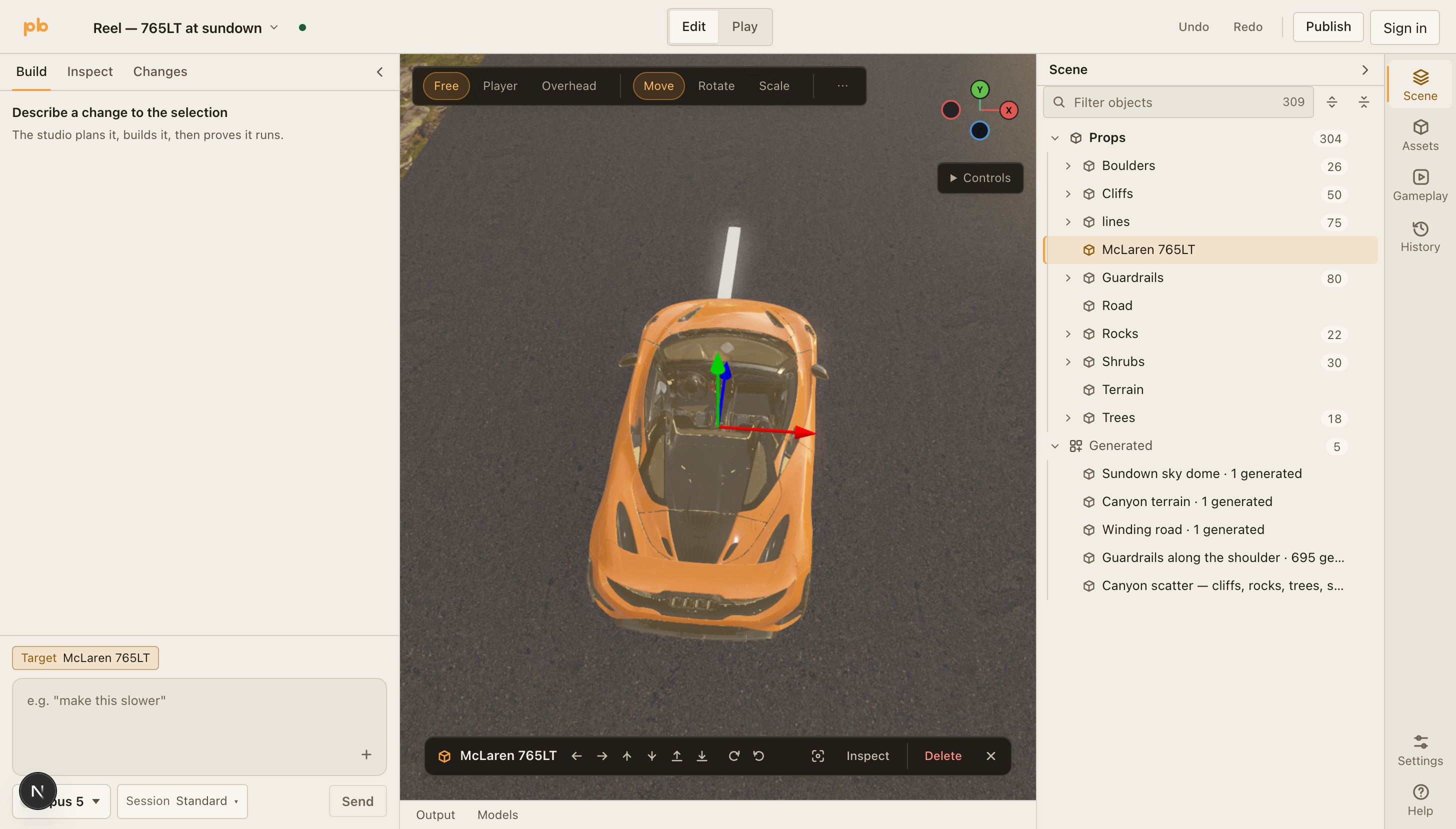 The Playbeam editor with a sports car selected on a canyon road at sundown. The scene tree row is highlighted and the build panel names it as the target of the next prompt.